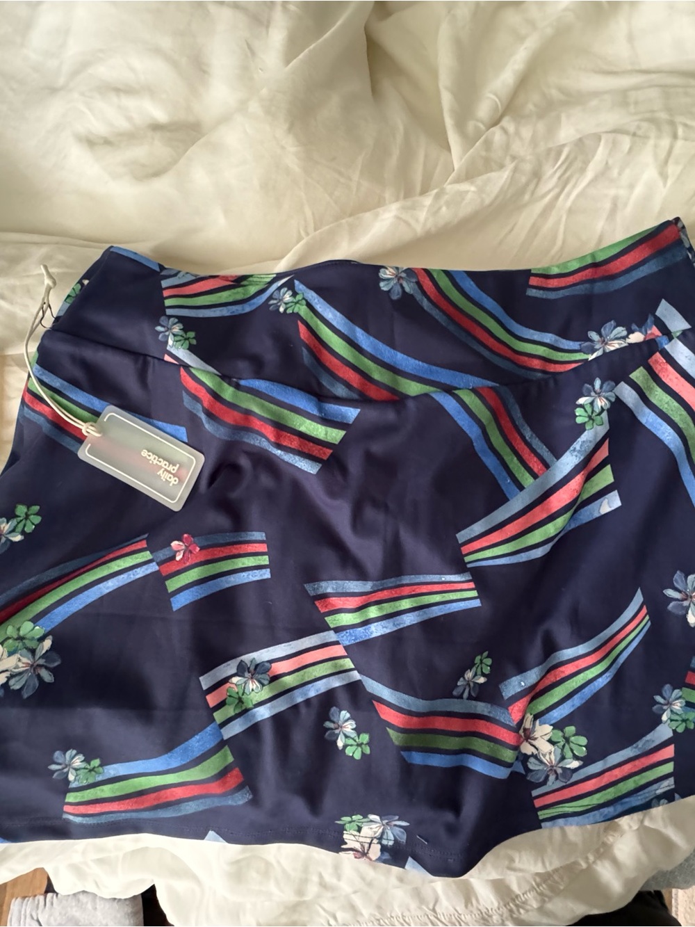 Anthropologie Navy Mini Skirt and shorts w/Multicolor Stripes and Floral Accent